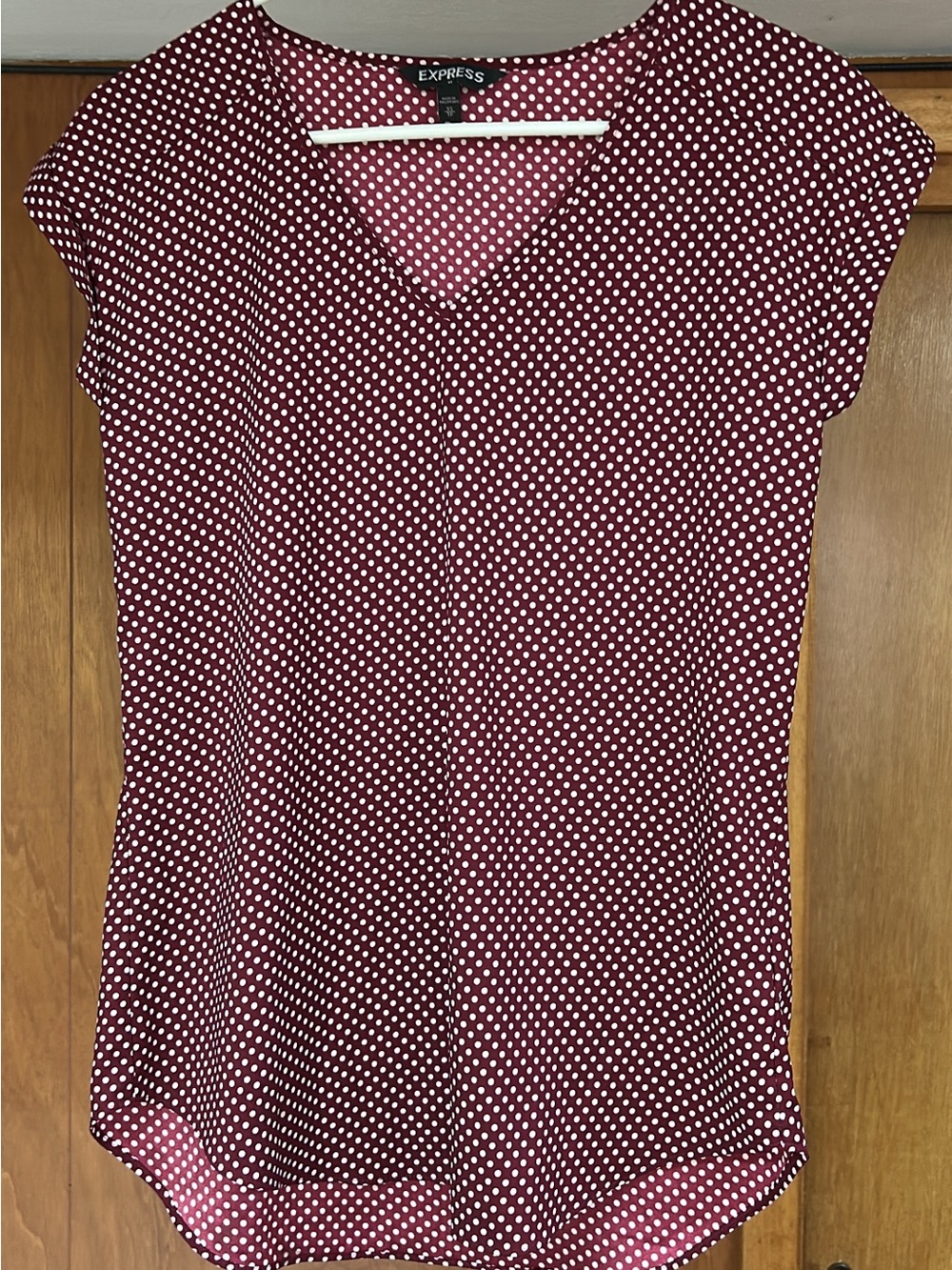 Express Burgundy Polka Dot V-Neck Blouse